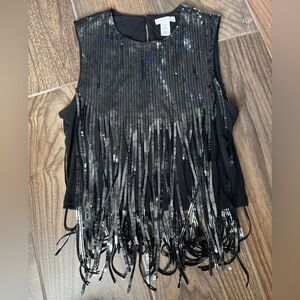 H&M Women's Metallic Silver and Black Fringe Tank Top